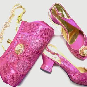 FUSCHIA PINK LOW CHUNKY HEEL S&B SET